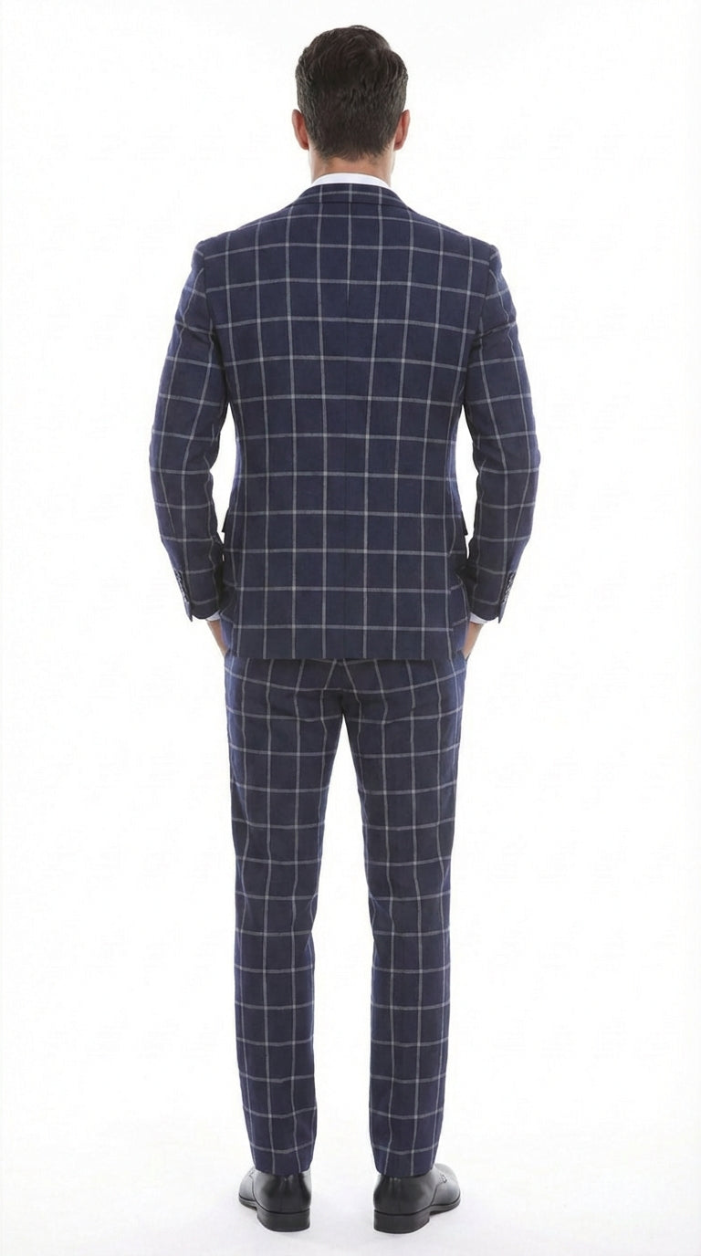 Men’s Navy Blue Windowpane Check Three Piece Suit – Modern Plaid Formal Vested Suit