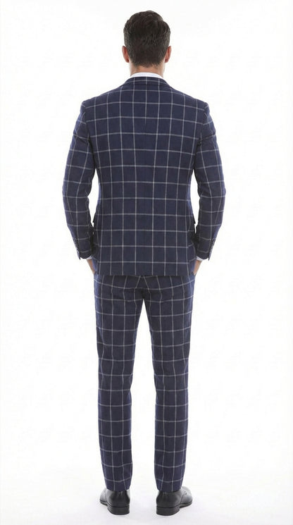 Men’s Navy Blue Windowpane Check Three Piece Suit – Modern Plaid Formal Vested Suit