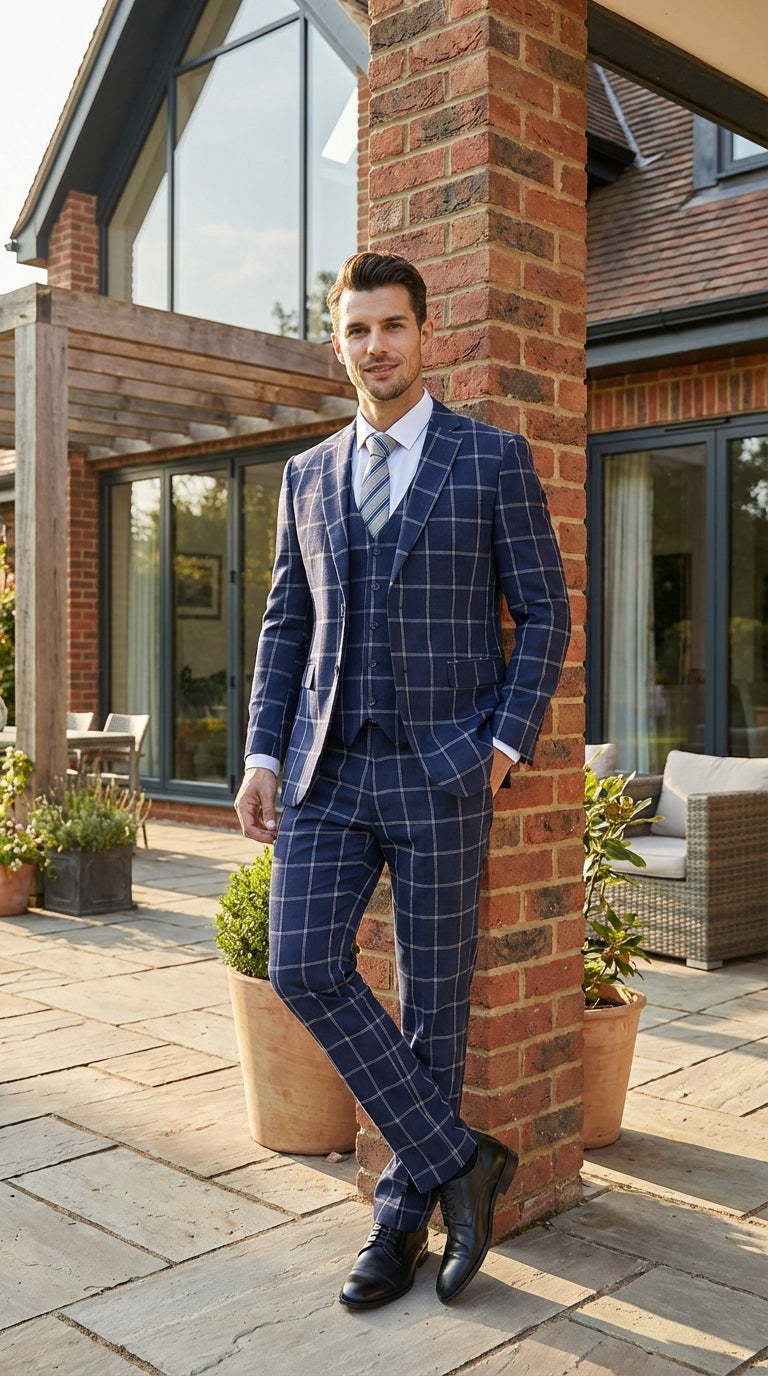 Men’s Navy Blue Windowpane Check Three Piece Suit – Modern Plaid Formal Vested Suit