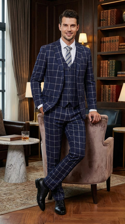 Men’s Navy Blue Windowpane Check Three Piece Suit – Modern Plaid Formal Vested Suit
