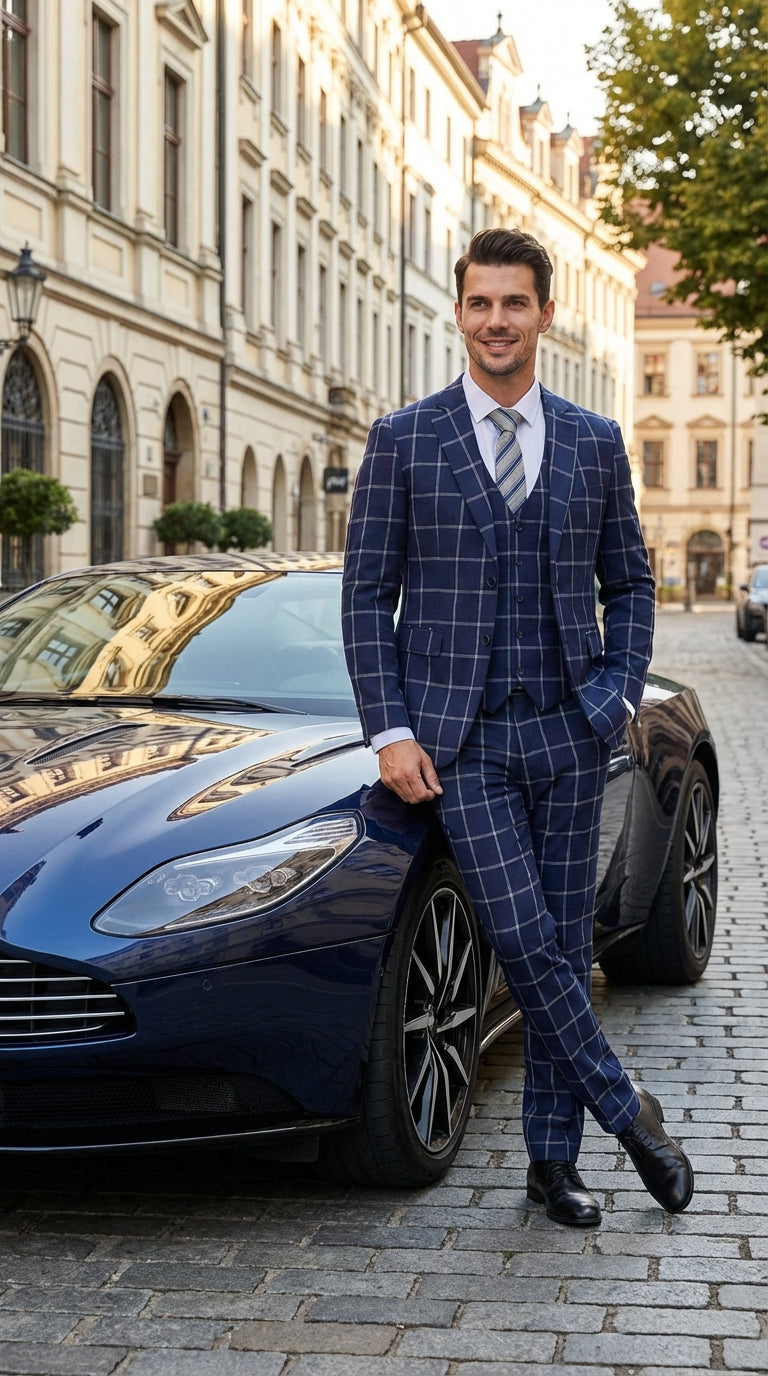 Men’s Navy Blue Windowpane Check Three Piece Suit – Modern Plaid Formal Vested Suit