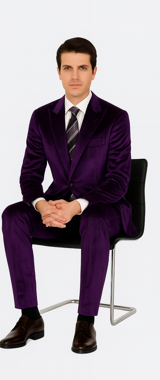 Men’s Purple Velvet Peak Lapel Suit – 2-Piece Skinny Fit Formalwear by Tazzio