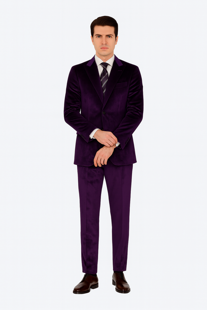 Men’s Purple Velvet Peak Lapel Suit – 2-Piece Skinny Fit Formalwear by Tazzio
