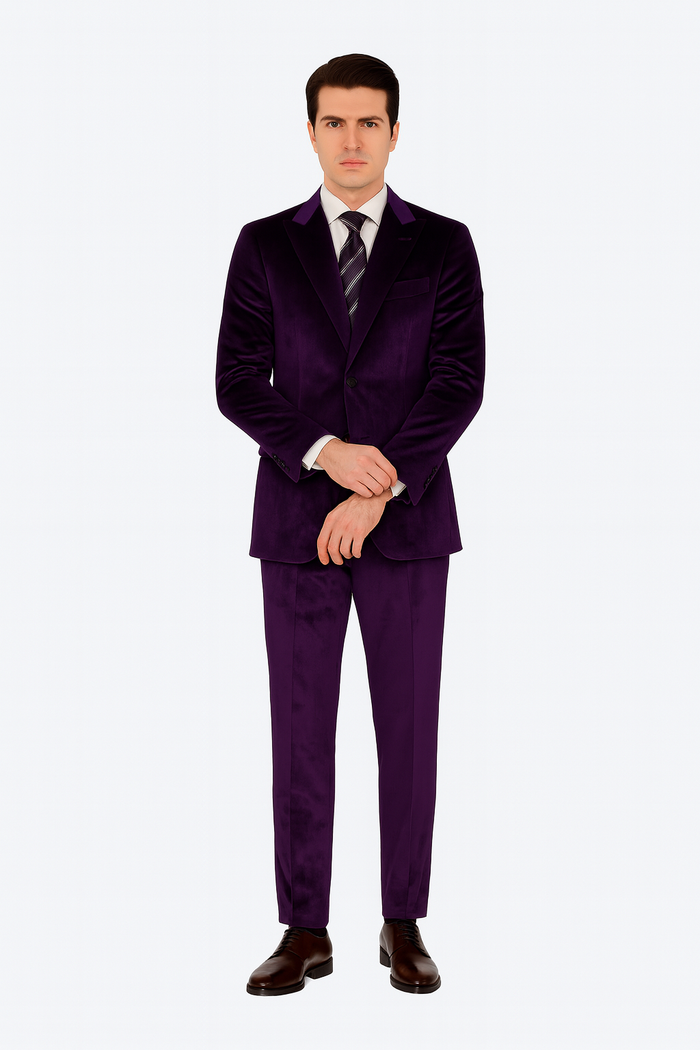 Men’s Purple Velvet Peak Lapel Suit – 2-Piece Skinny Fit Formalwear by Tazzio