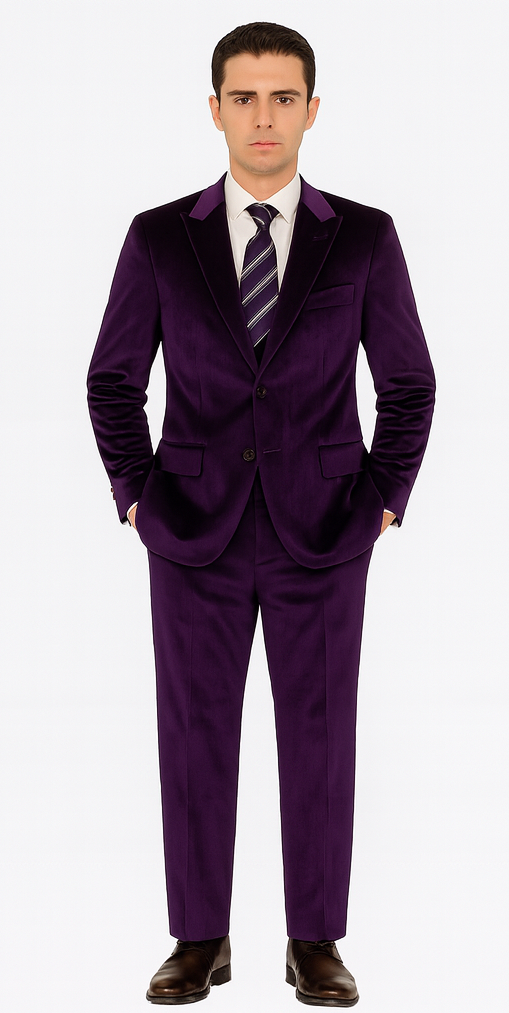 Men’s Purple Velvet Peak Lapel Suit – 2-Piece Skinny Fit Formalwear by Tazzio