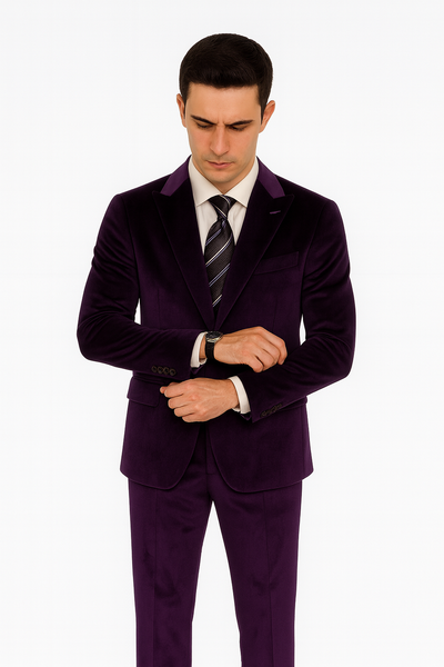 Men’s Purple Velvet Peak Lapel Suit – 2-Piece Skinny Fit Formalwear by Tazzio 8 M425SK-04-38R  - from alligatorwarehouse.com