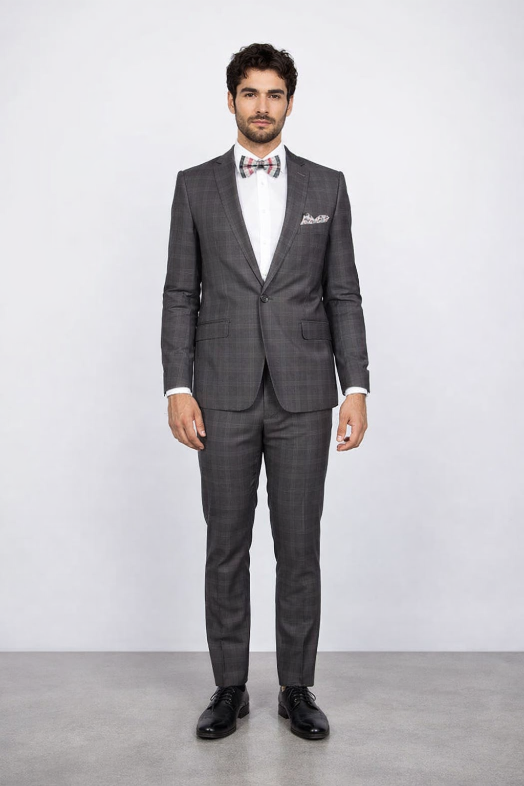 Men's Rossiman Rossi Man Brand Charcoal Plaid Tapered Leg Lower Rise Pants & Get Skinny 1 Button Slim Fit Peak Lapel Suit