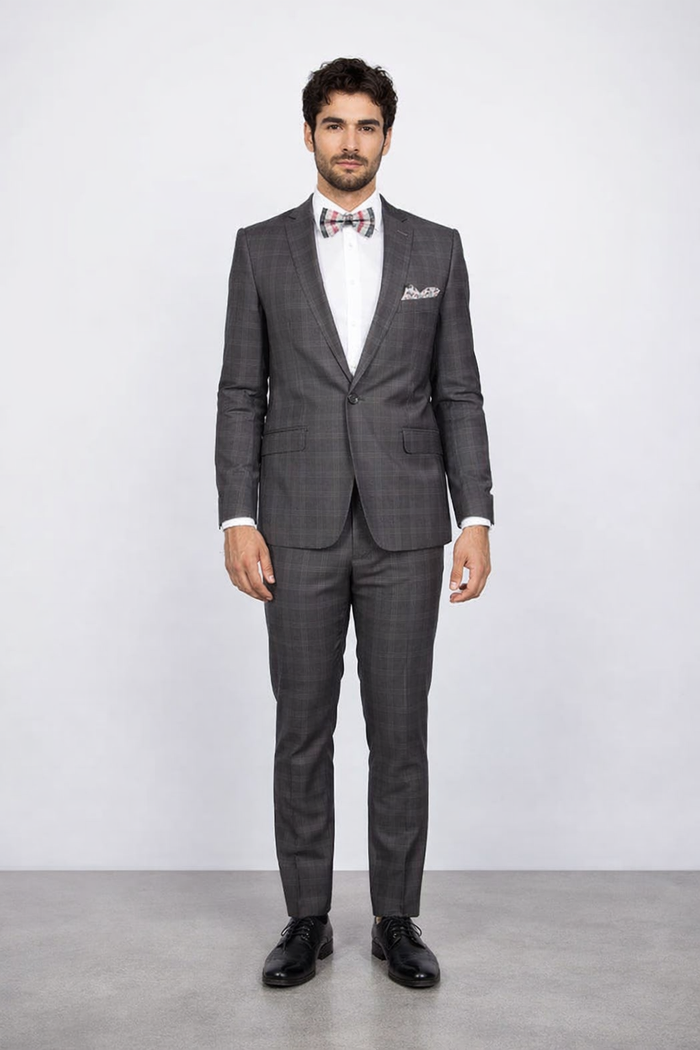 Men'S Rossiman Rossi Man Brand Charcoal Plaid Tapered Leg Lower Rise Pants & Get Skinny 1 Button Slim Fit Peak Lapel Suit