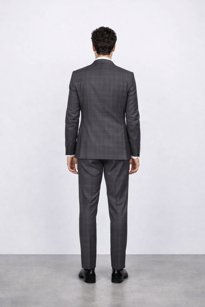 Men's Rossiman Rossi Man Brand Charcoal Plaid Tapered Leg Lower Rise Pants & Get Skinny 1 Button Slim Fits Peak Lapels Suit