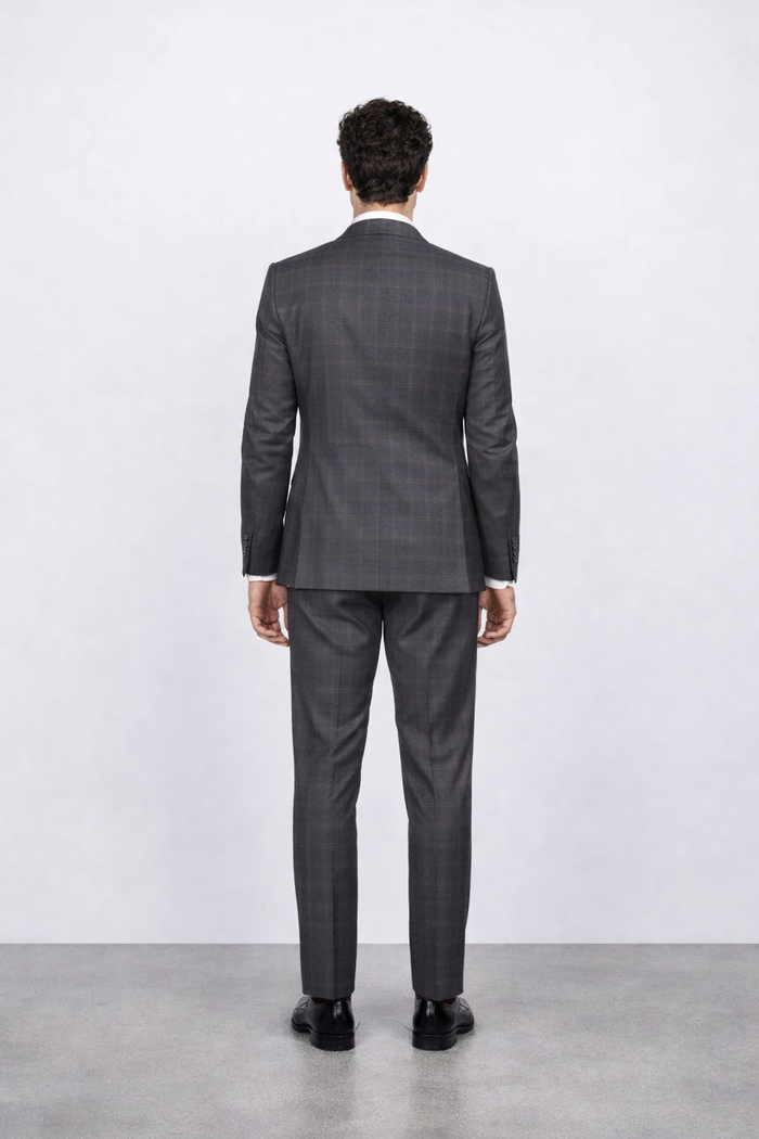 Men'S Rossiman Rossi Man Brand Charcoal Plaid Tapered Leg Lower Rise Pants & Get Skinny 1 Button Slim Fit Peak Lapel Suit