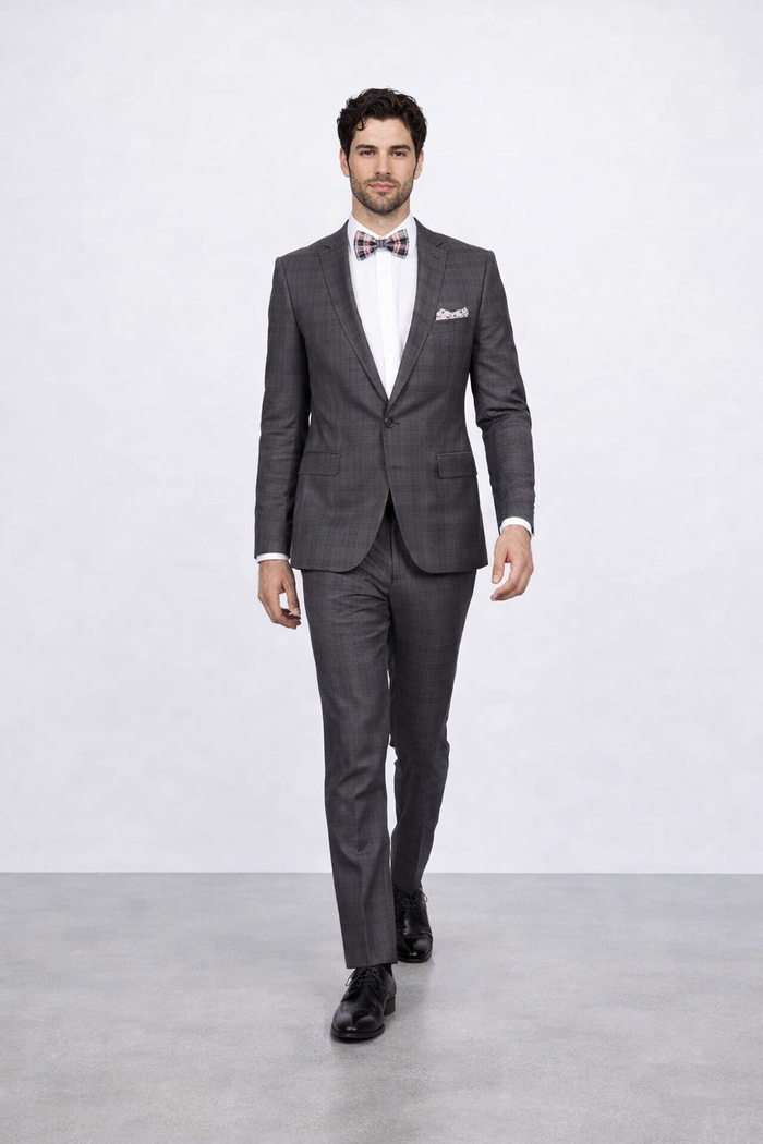 Men'S Rossiman Rossi Man Brand Charcoal Plaid Tapered Leg Lower Rise Pants & Get Skinny 1 Button Slim Fit Peak Lapel Suit