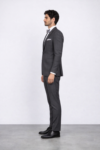 Men's Rossiman Rossi Man Brand Charcoal Plaid Tapered Leg Lower Rise Pants & Get Skinny 1 Button Slim Fit Peak Lapel Suit