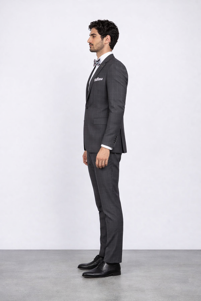 Men'S Rossiman Rossi Man Brand Charcoal Plaid Tapered Leg Lower Rise Pants & Get Skinny 1 Button Slim Fit Peak Lapel Suit