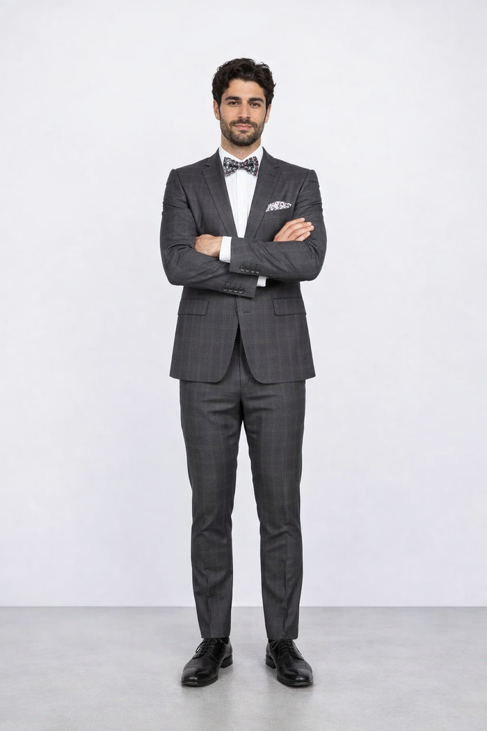 Men'S Rossiman Rossi Man Brand Charcoal Plaid Tapered Leg Lower Rise Pants & Get Skinny 1 Button Slim Fit Peak Lapel Suit