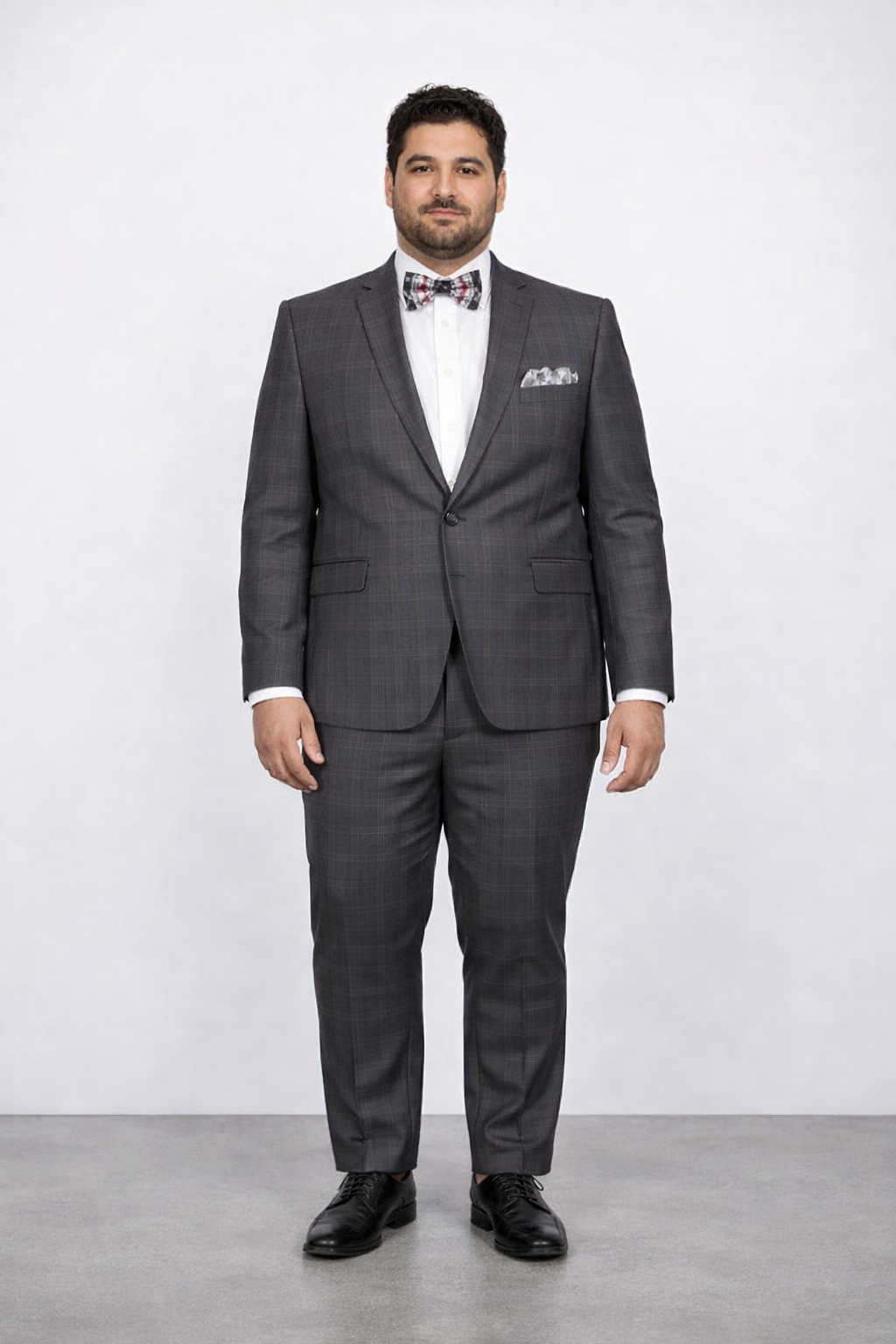 Men's Rossiman Rossi Man Brand Charcoal Plaid Tapered Leg Lower Rise Pants & Get Skinny 1 Button Slim Fit Peak Lapel Suit