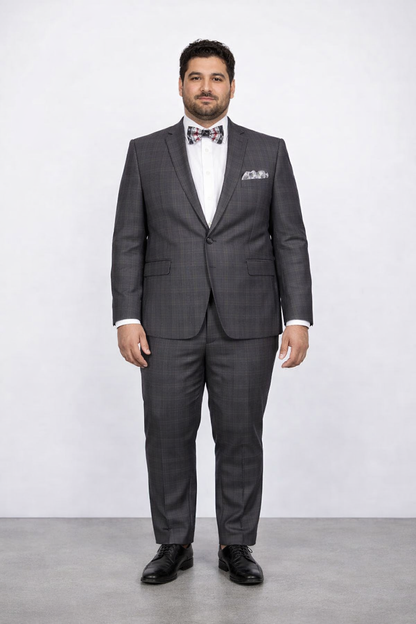 Men's Rossiman Rossi Man Brand Charcoal Plaid Tapered Leg Lower Rise Pants & Get Skinny 1 Button Slim Fit Peak Lapel Suit