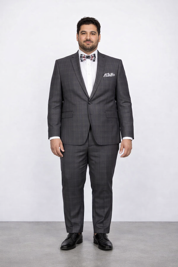 Men'S Rossiman Rossi Man Brand Charcoal Plaid Tapered Leg Lower Rise Pants & Get Skinny 1 Button Slim Fit Peak Lapel Suit