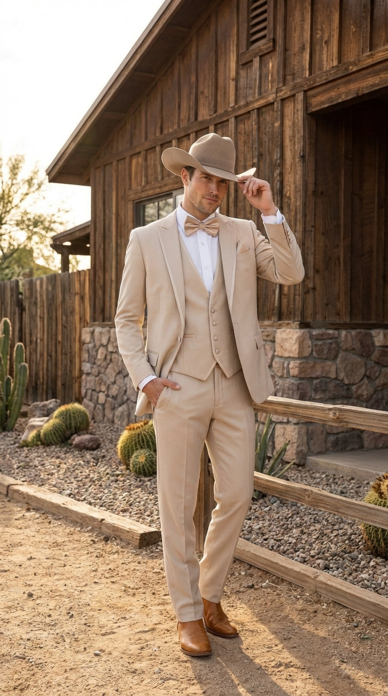 Men’s Tan Cowboy Three Piece Suit – Western Style Wedding and Formal Vested Suit