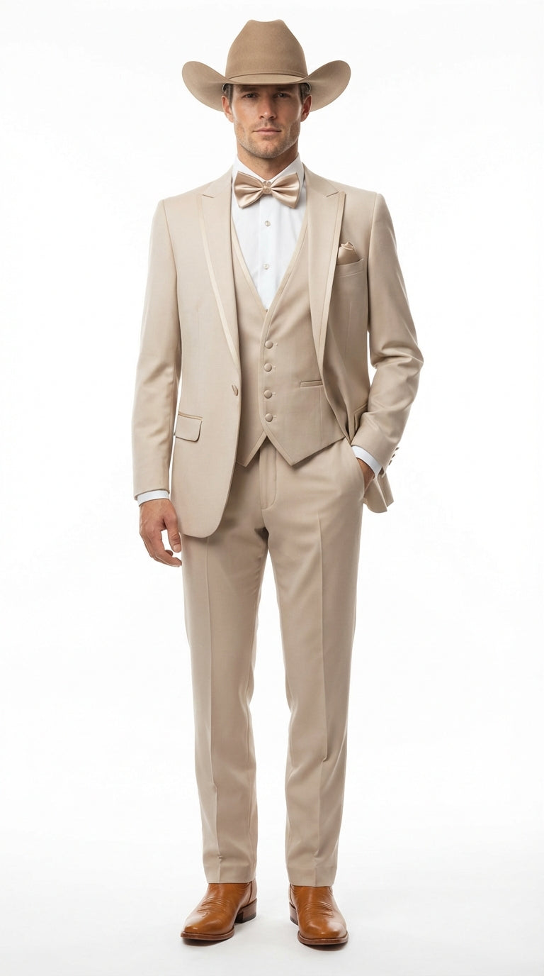 Men’s Tan Cowboy Three Piece Suit – Western Style Wedding and Formal Vested Suit