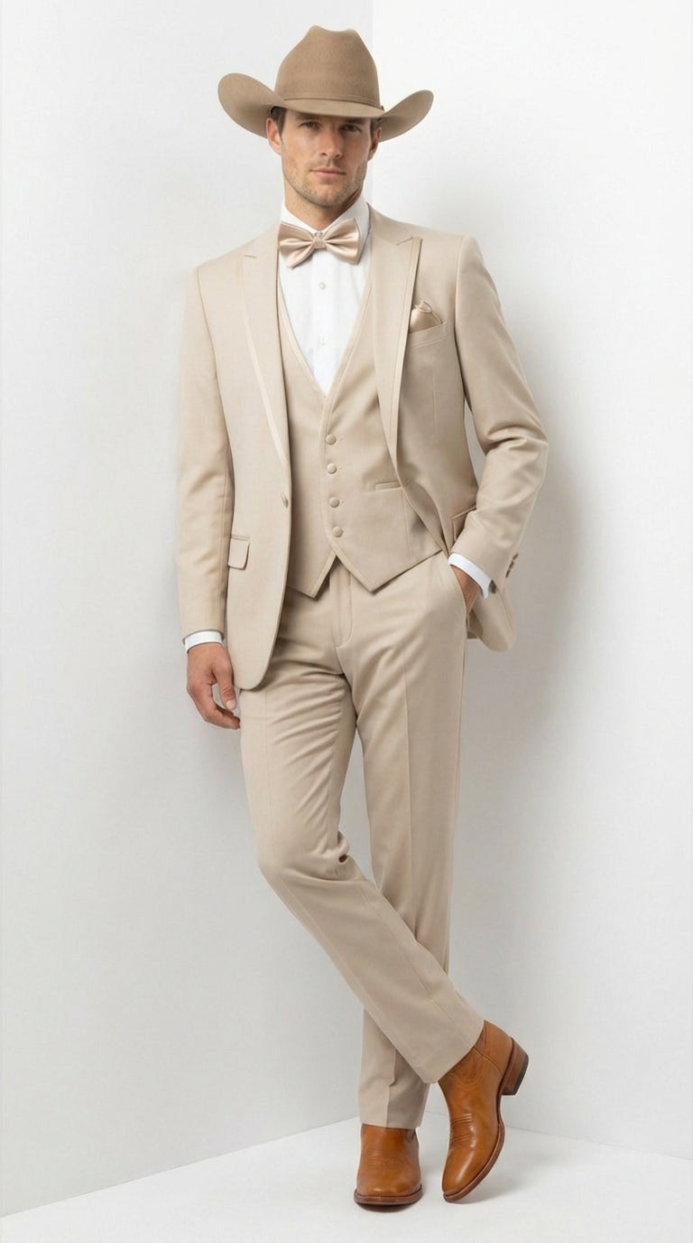 Men’s Tan Cowboy Three Piece Suit – Western Style Wedding and Formal Vested Suit