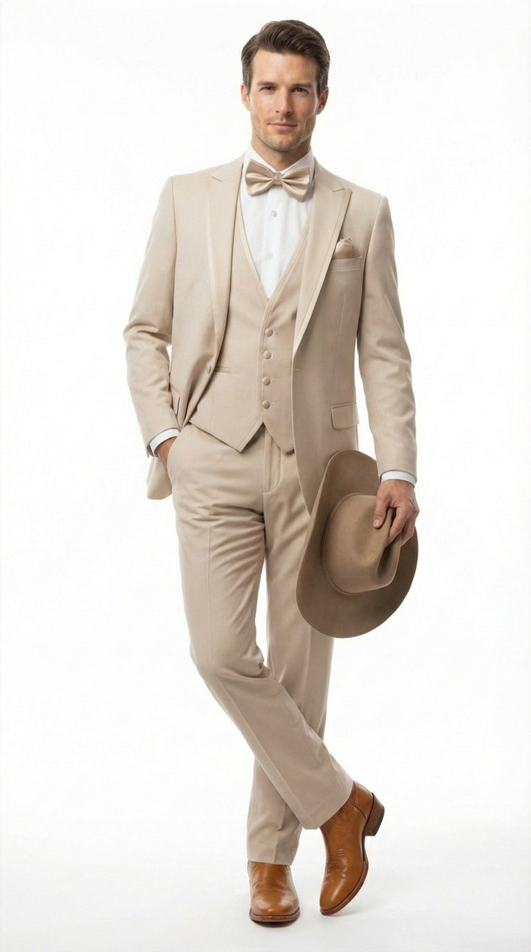 Men’s Tan Cowboy Three Piece Suit – Western Style Wedding and Formal Vested Suit