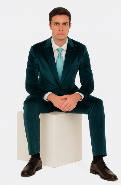 Men’s Teal Velvet Peak Lapel Suit – 2-Piece Skinny Fit Formalwear by Tazzio 4 M425SK-06-40R  - from alligatorwarehouse.com