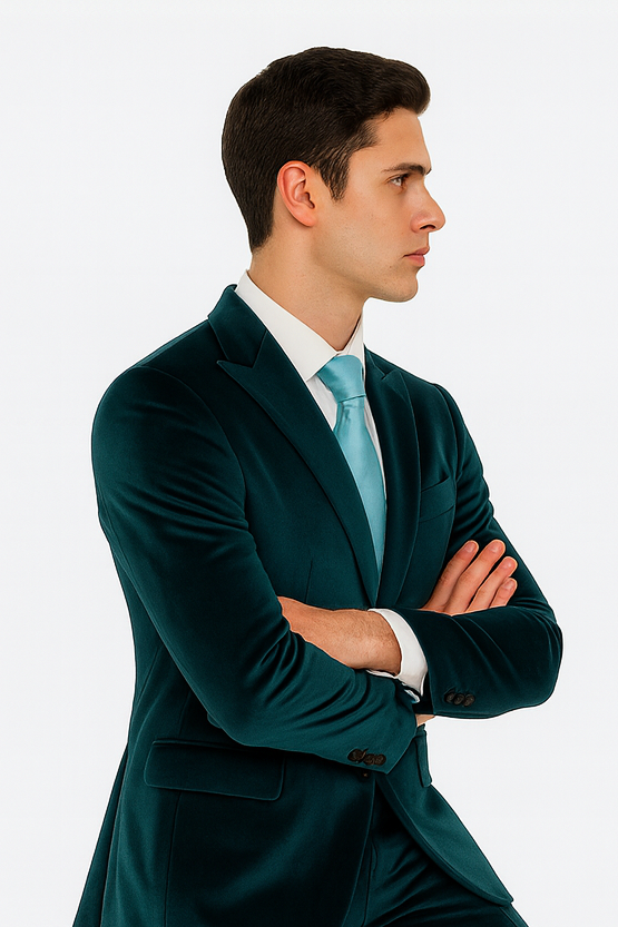 Men’s Teal Velvet Peak Lapel Suit – 2-Piece Skinny Fit Formalwear by Tazzio