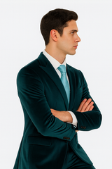 Men’s Teal Velvet Peak Lapel Suit – 2-Piece Skinny Fit Formalwear by Tazzio