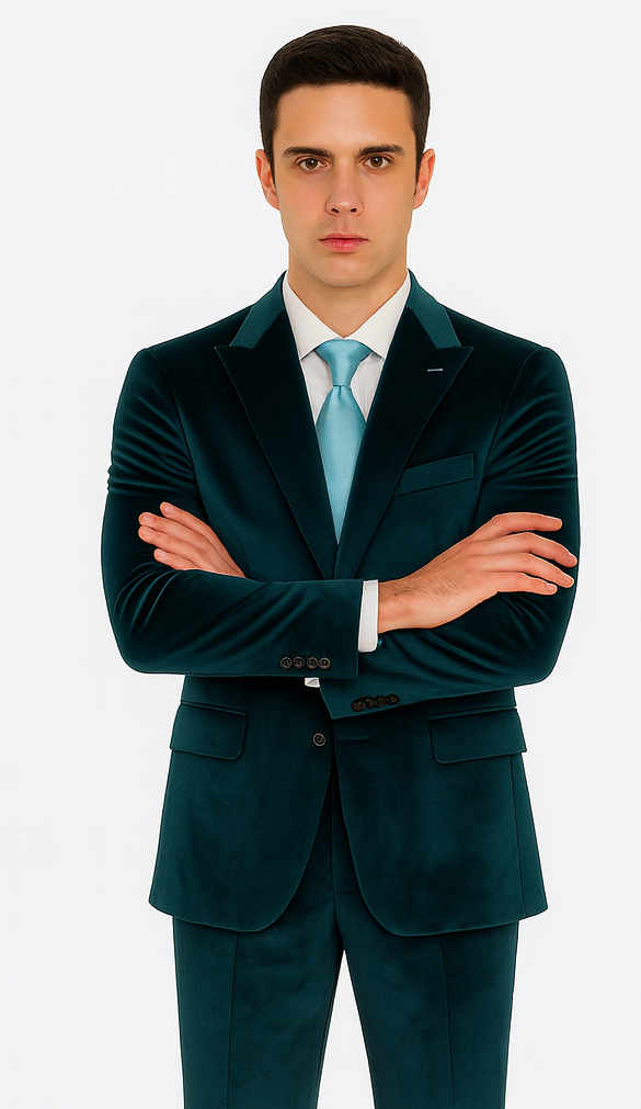 Men’s Teal Velvet Peak Lapel Suit – 2-Piece Skinny Fit Formalwear by Tazzio