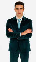 Men’s Teal Velvet Peak Lapel Suit – 2-Piece Skinny Fit Formalwear by Tazzio