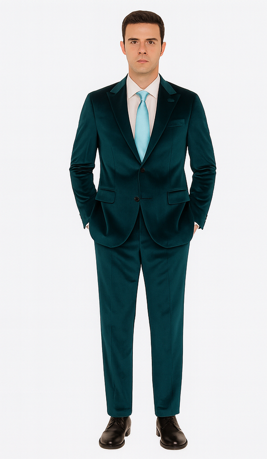 Men’s Teal Velvet Peak Lapel Suit – 2-Piece Skinny Fit Formalwear by Tazzio