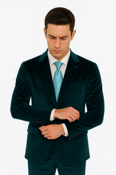 Men’s Teal Velvet Peak Lapel Suit – 2-Piece Skinny Fit Formalwear by Tazzio 8 M425SK-06-40R  - from alligatorwarehouse.com