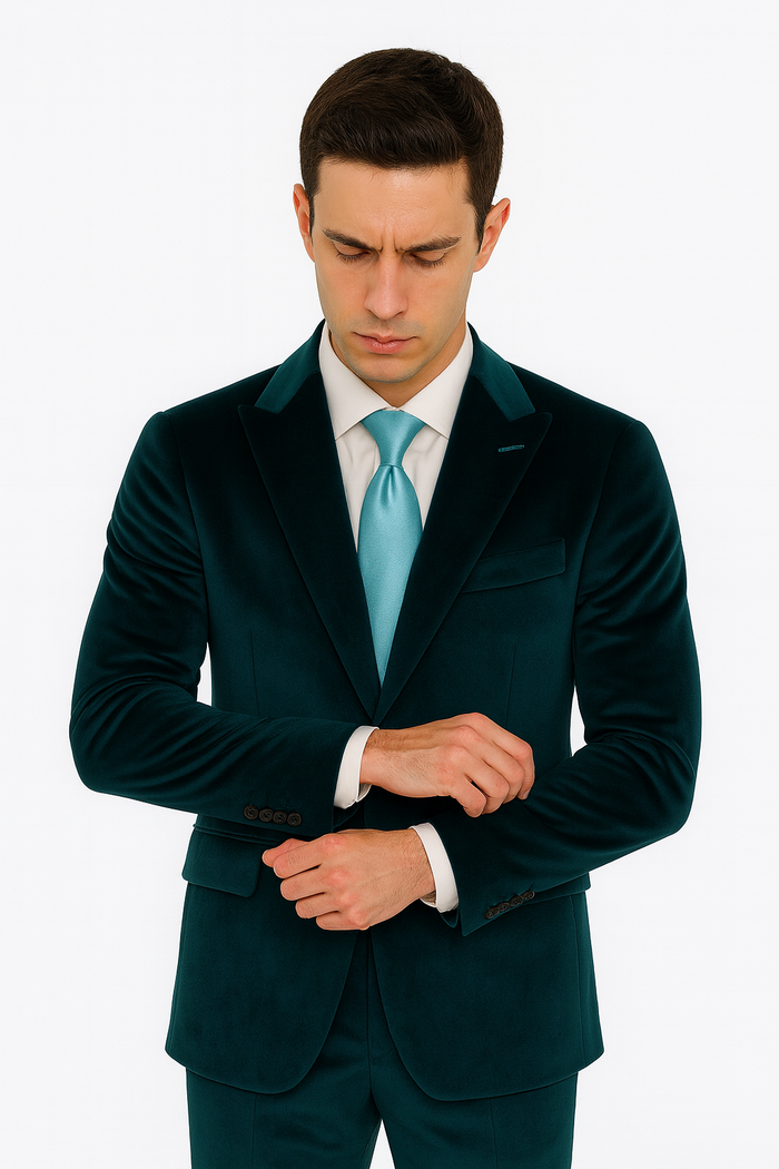 Men’s Teal Velvet Peak Lapel Suit – 2-Piece Skinny Fit Formalwear by Tazzio