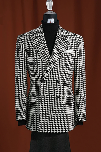 Black & White Houndstooth Blazer for Men – Modern Fit 100% Wool