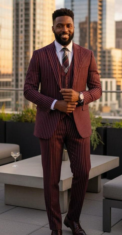 Harlem Nights Suits for Men - Mens 1920s Gangster Stripe Suit Burgundy Vest Wedding F-V2RS9