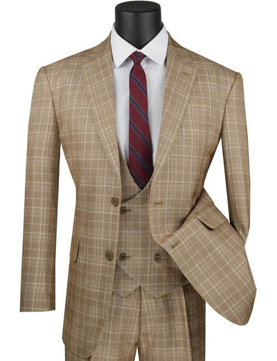 Harlem Nights Suits for Men - Mens 1930s Camel Plaid 3 Piece Suit Three Piece 1920s Low Cut Vest Vinci V2RW-7