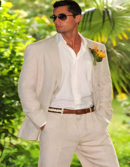 Men’s Natural Sand Linen Suit – Light Tan 2-Piece Summer Beach Wedding Suit