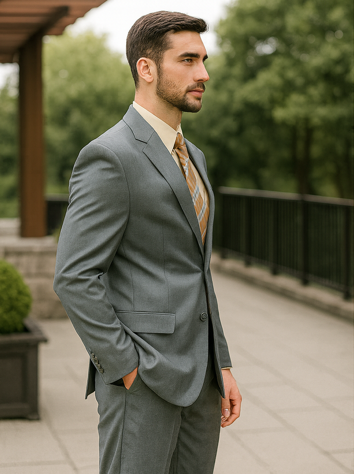 Mens 2 Button Classic Fit Pleated Pant Suit in Grey