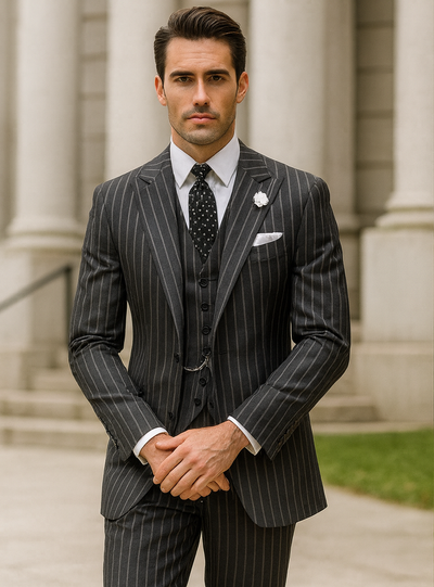 Mens 2 button Gangster Pinstripe Suit in Black & White 1   - from alligatorwarehouse.com