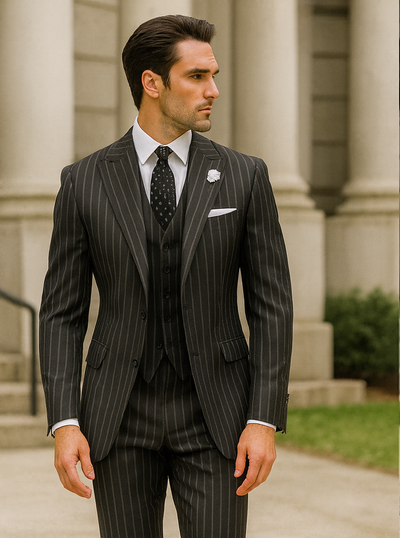 Mens 2 button Gangster Pinstripe Suit in Black & White 3   - from alligatorwarehouse.com