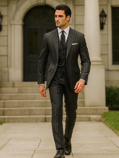 Mens 2 button Gangster Pinstripe Suit in Black & White 4   - from alligatorwarehouse.com