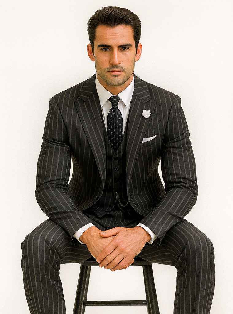 Mens 2 button Gangster Pinstripe Suit in Black & White