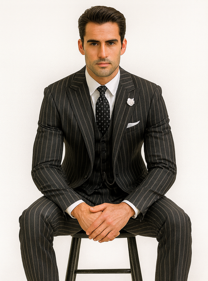 Mens 2 button Gangster Pinstripe Suit in Black & White