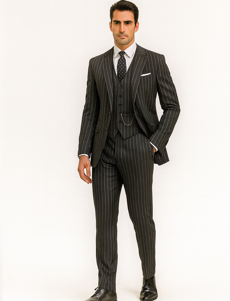 Mens 2 button Gangster Pinstripe Suit in Black & White