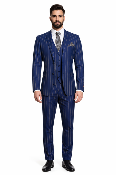 Mens 2 Button Gangster Pinstripe Suit in BLACK / GREY / NAVY / BURGUNDY