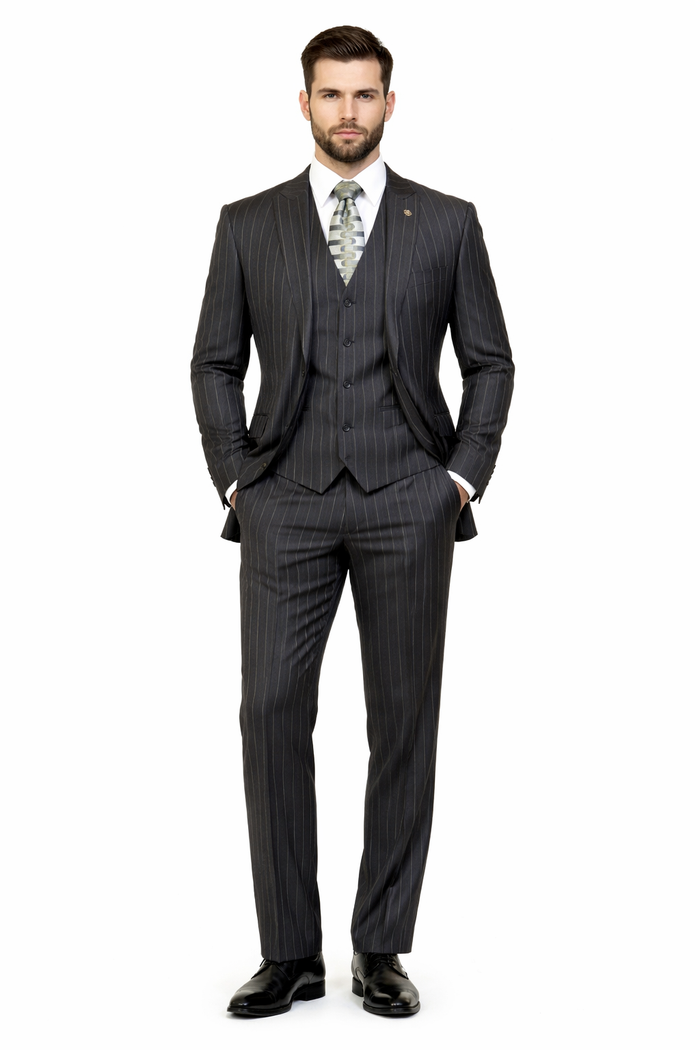 Mens 2 Button Gangster Pinstripe Suit in BLACK / GREY / NAVY / BURGUNDY
