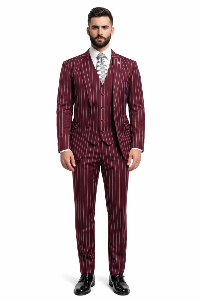Mens 2 Button Gangster Pinstripe Suit in BLACK / GREY / NAVY / BURGUNDY
