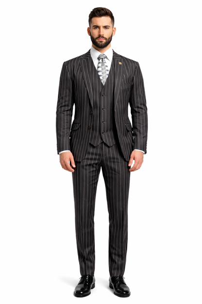 Mens 2 Button Gangster Pinstripe Suit in BLACK / GREY / NAVY / BURGUNDY
