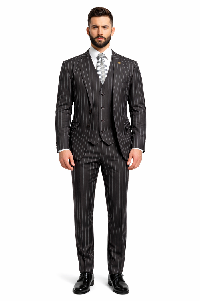 Mens 2 Button Gangster Pinstripe Suit in BLACK / GREY / NAVY / BURGUNDY