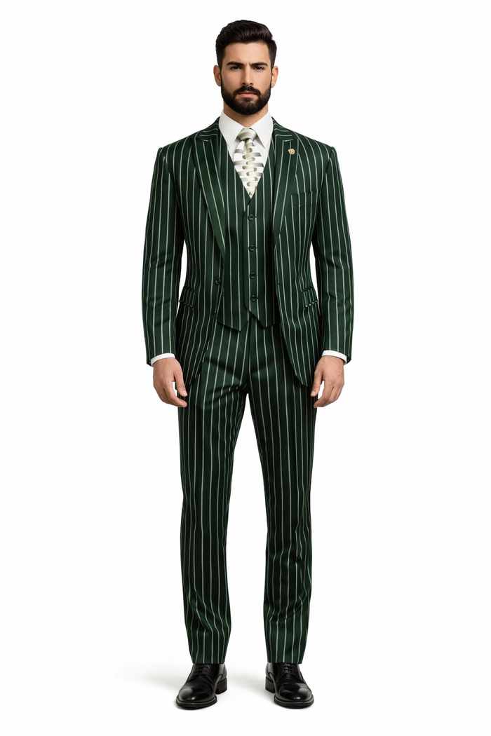 Mens 2 Button Gangster Pinstripe Suit in BLACK / GREY / NAVY / BURGUNDY